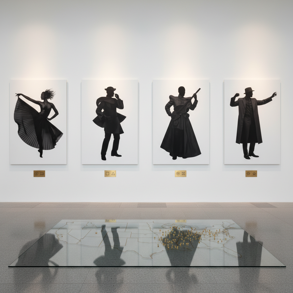 A series of large, frameless photographic portraits of diverse performers and innovators, rendered as abstract faceless silhouettes with distinct postures and attire, lines a pristine white gallery wall inside a high-end cultural venue. Each portrait is subtly labeled only with geometric icons, avoiding any text, while a translucent map of the United States is etched into a glass panel in the foreground, dotted with tiny gold markers suggesting past engagements. Warm gallery spotlights create focused pools of light on the portraits and gentle shadows on the polished stone floor. Shot from a wide, eye-level perspective with crisp clarity, the composition feels sophisticated and celebratory, highlighting the breadth of sponsored international talent appearing at U.S. stages and institutions without showing any literal individuals.