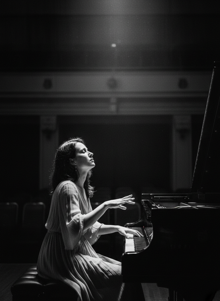 A world-class musician performing on a dark stage — cinematic, high-contrast editorial photography.