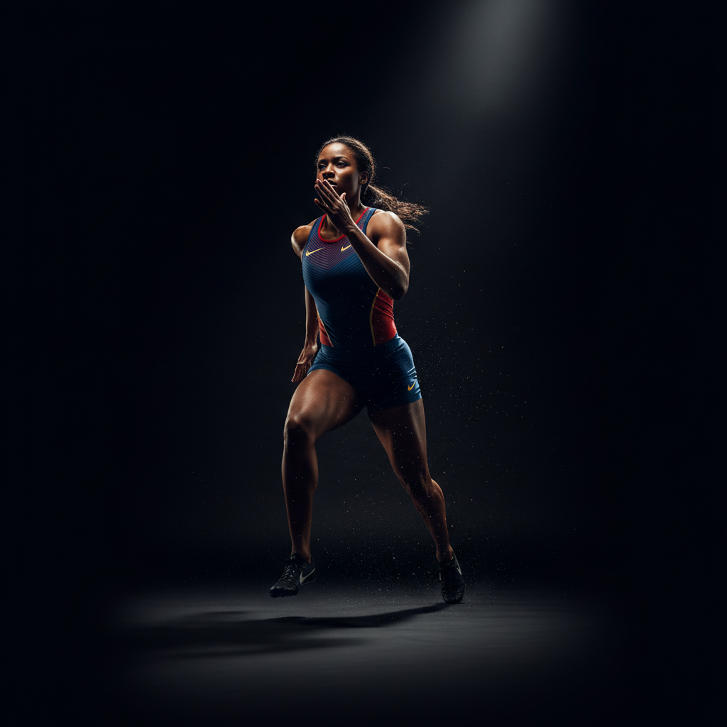 A world-class athlete captured at peak performance — dramatic studio lighting, cinematic sports photography.