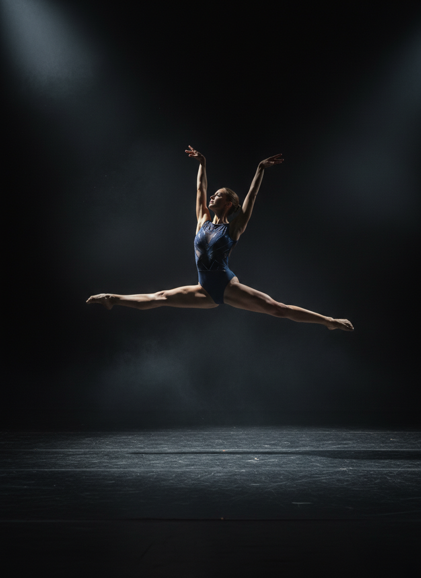 A world-class ballet dancer mid-leap on a dark stage, dramatic cinematic lighting