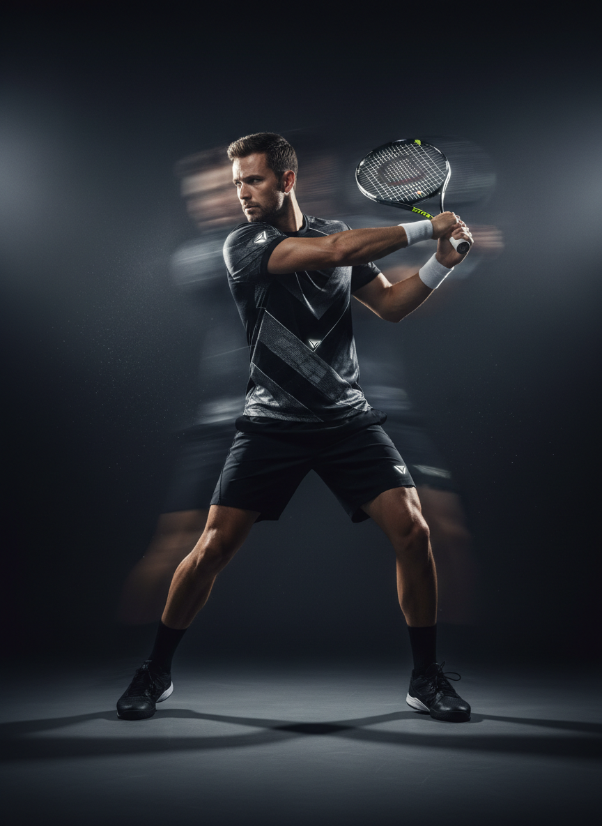 A world-class tennis player in full swing, dramatic cinematic dark studio lighting, editorial sports photography