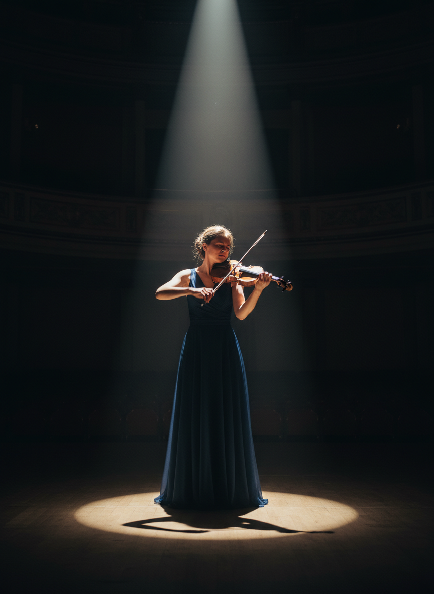 Classical violinist performing on stage, dramatic spotlight