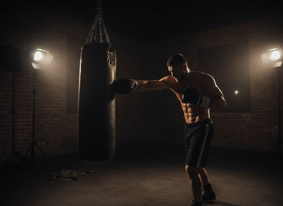 World-class boxer in training, dramatic cinematic lighting
