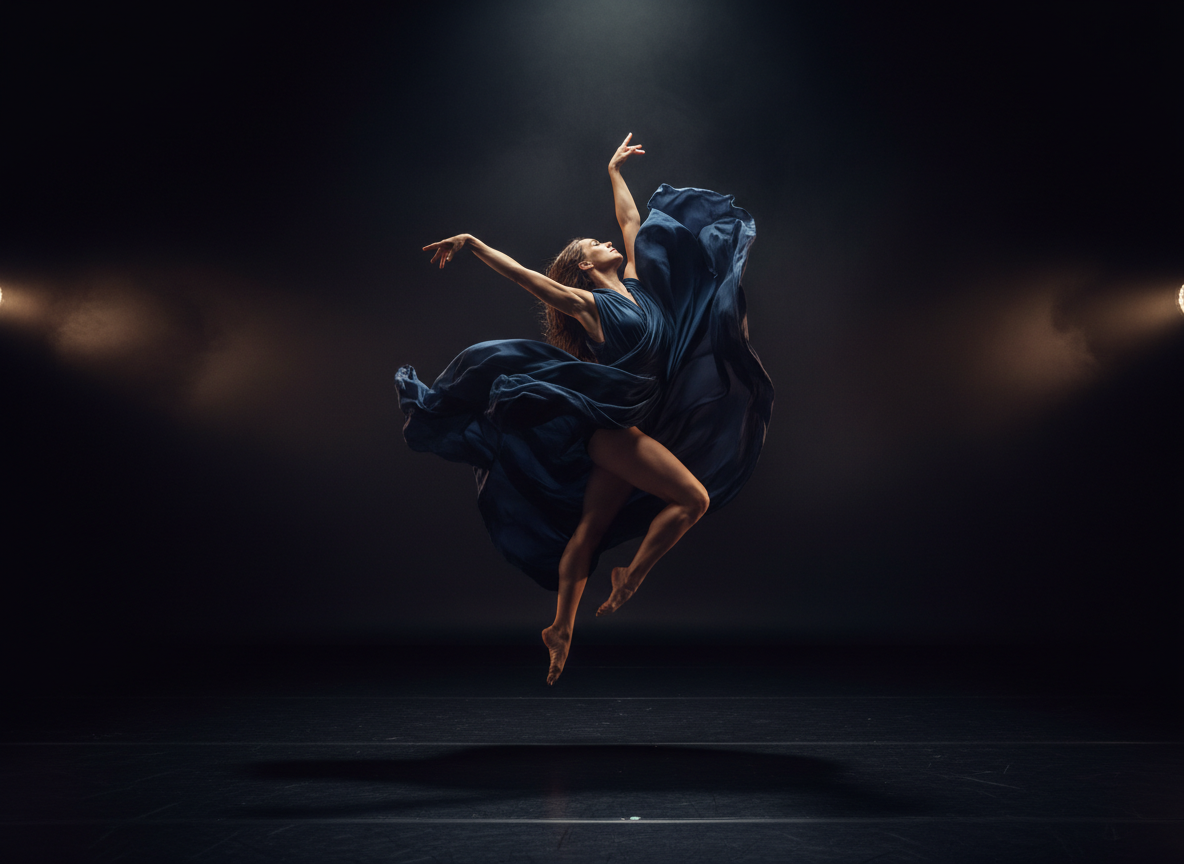 Contemporary dancer in dramatic mid-performance pose, dark cinematic studio lighting