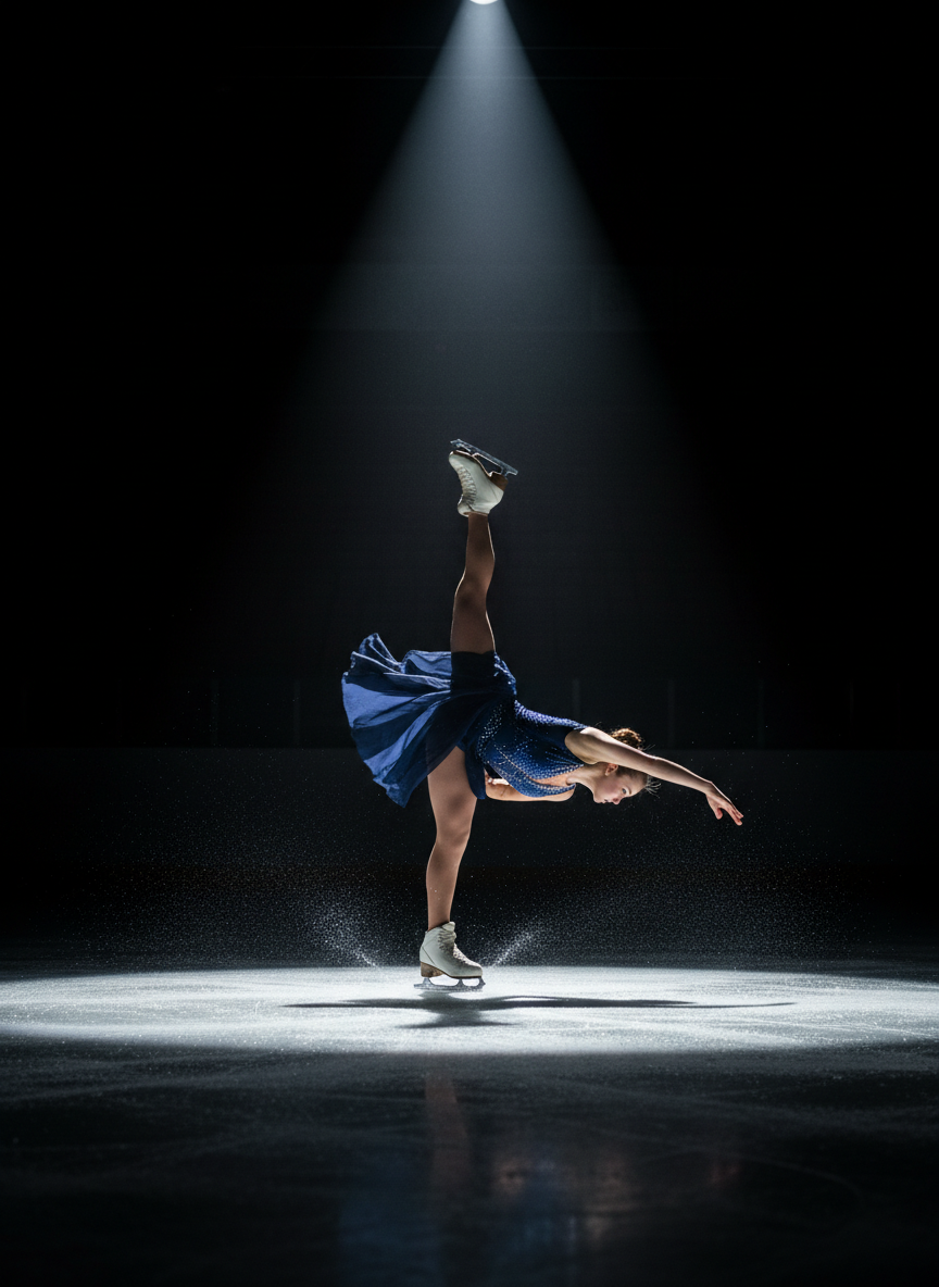 A world-class figure skater mid-spin on ice, dramatic cinematic dark arena lighting