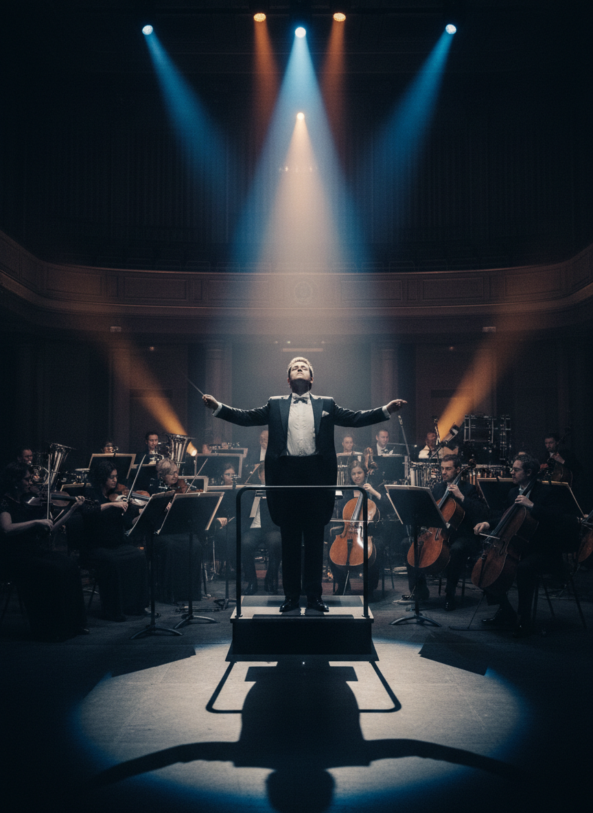 A world-class conductor leading an orchestra, dramatic stage lighting